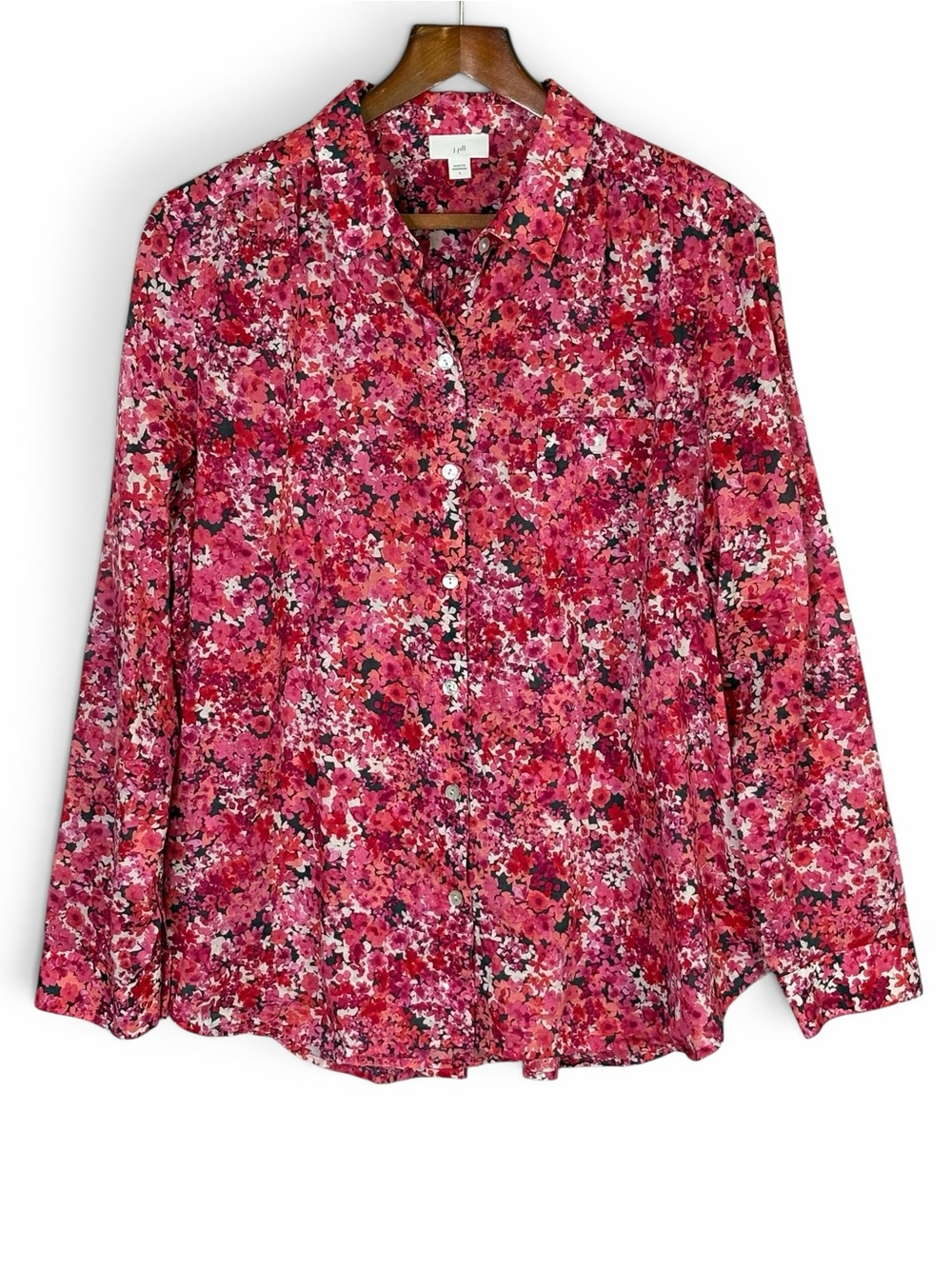 J Jill Floral Long Sleeve Button Up Cotton Voile Blouse Shirt Pink Red L - Picture 2 of 11